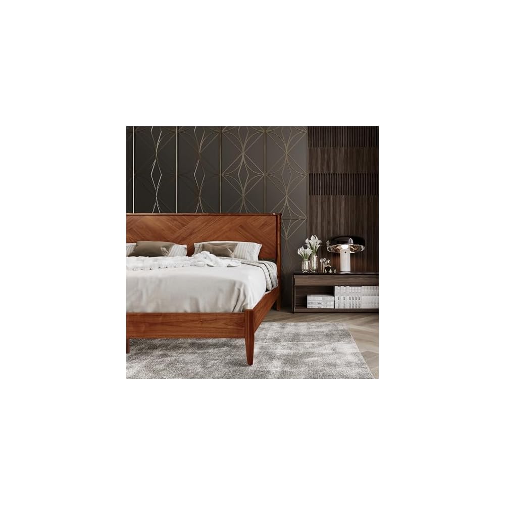 Panthera Bed Frame with Headboard Solid Wood Platform Bed, Artisan Signature High Headboard Wood Bed Non-Slip and Noise-Free Support All Mattresses, King Bed Frame, Walnut