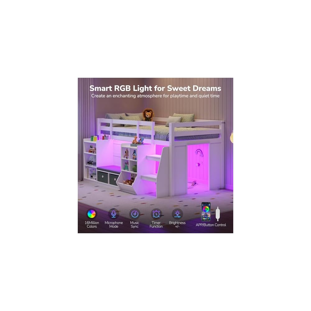 Low Loft Bed Twin Size with LED Lights, Wooden Kids Twin Loft Bed with Storage Bookcase, Toy Box, Reading Nook and Secret Play Space, Modern loft Bed with Stairs and Safety Guardrails for Boys Girls