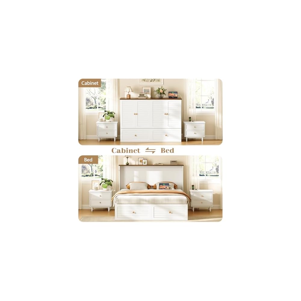 Queen Murphy Bed with Charging Station, Cabinet Beds with Storage