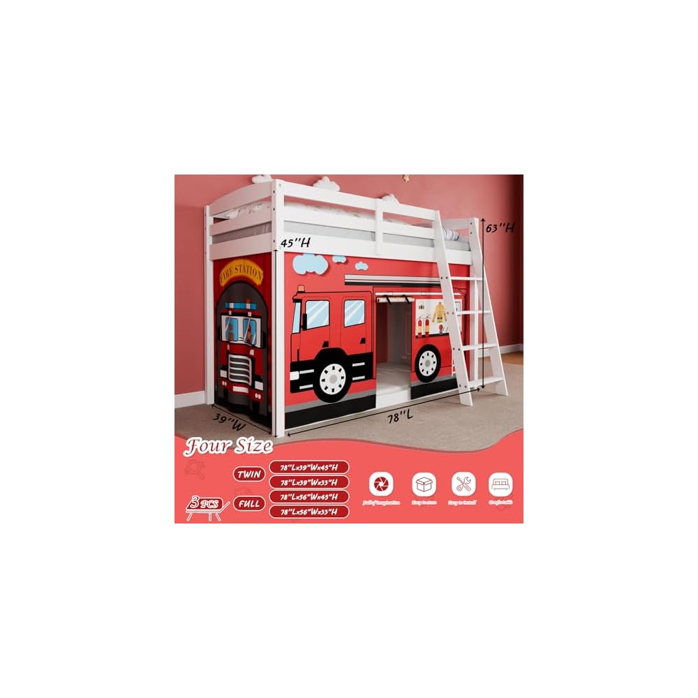 Fire-Truck Bunk Bed Curtains 45H Loft Bed Curtain, Twins