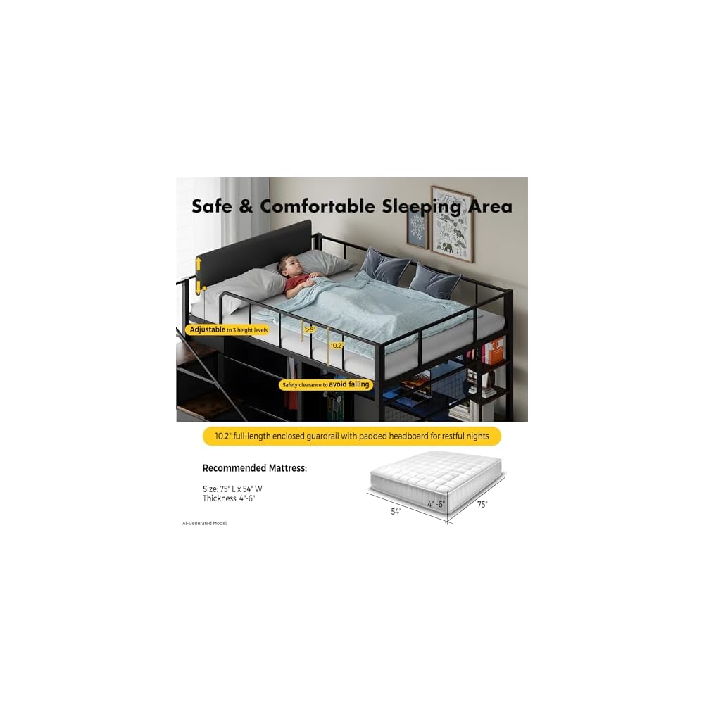 Full Size Loft Bed with Desk, Stairs & LED Light, Metal Gaming Loft Bed Frame with Headboard, Safety Guardrails, Charging Station, Closet & Fabric Drawers, Space Saving, Black & Burnt Wood