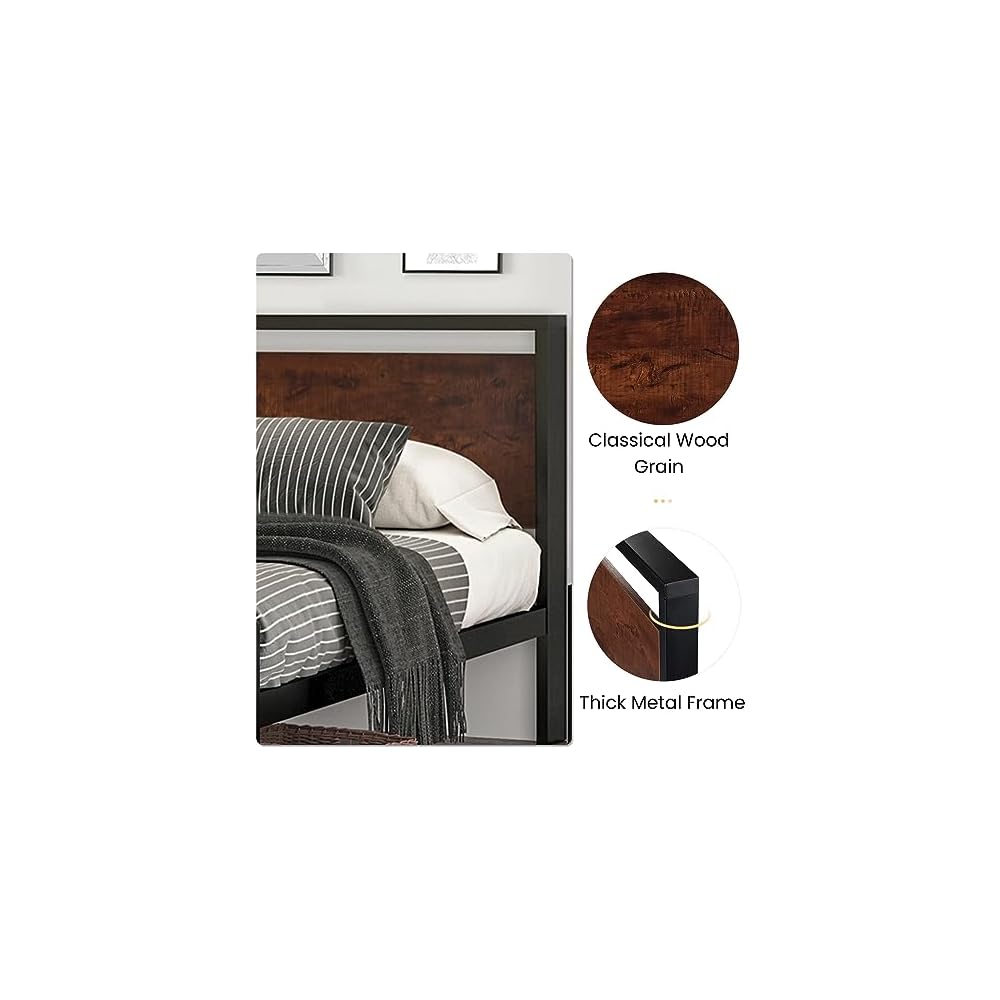 14 Inch King Size Metal Platform Bed Frame with Wooden Headboard and Footboard, Mattress Foundation, No Box Spring Needed, Large Under Bed Storage, Mahogany