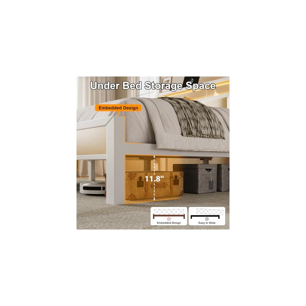 Queen Size Bed Frame with Charging Station and LED Lights, White