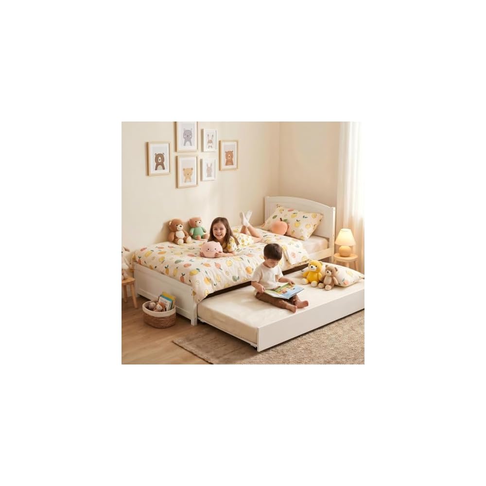 Twin Bed with Trundle, Solid Wood Twin Size Bed Frame, Pull Out Trundle Bed with Headboard and Footboard, Extendable Wooden Slats Platform Bed for Kids Teens Adults, White