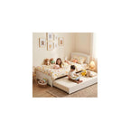 Twin Bed with Trundle, Solid Wood Twin Size Bed Frame, Pull Out Trundle Bed with Headboard and Footboard, Extendable Wooden Slats Platform Bed for Kids Teens Adults, White
