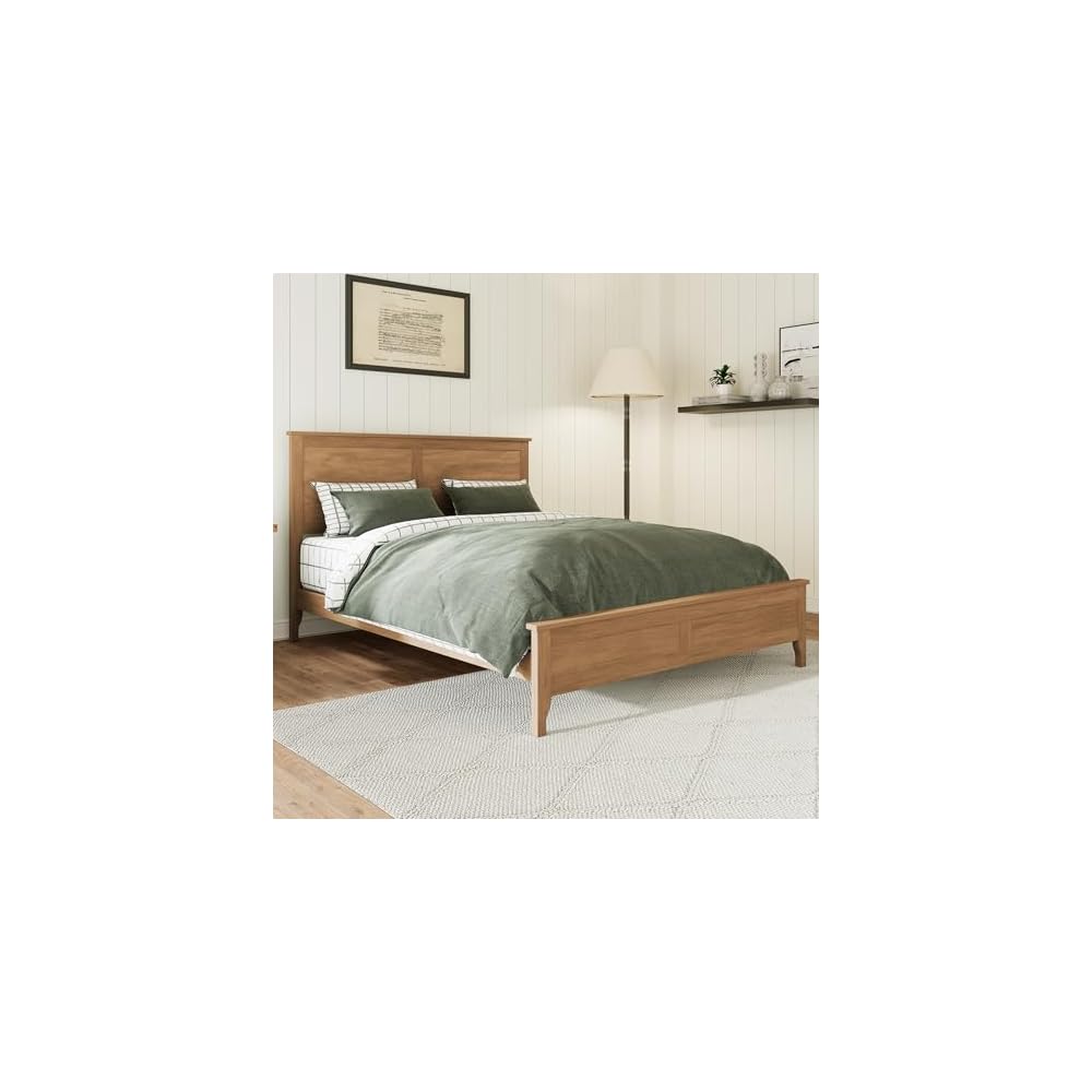Full Size Pinewood Platform Bed, Modern Bed Frame with Tall Headboard, Solid Bedframe Full-Size for Bedroom Guest Room, Wood Slat Support, No Box Spring Needed, Easy Assembly, Brown