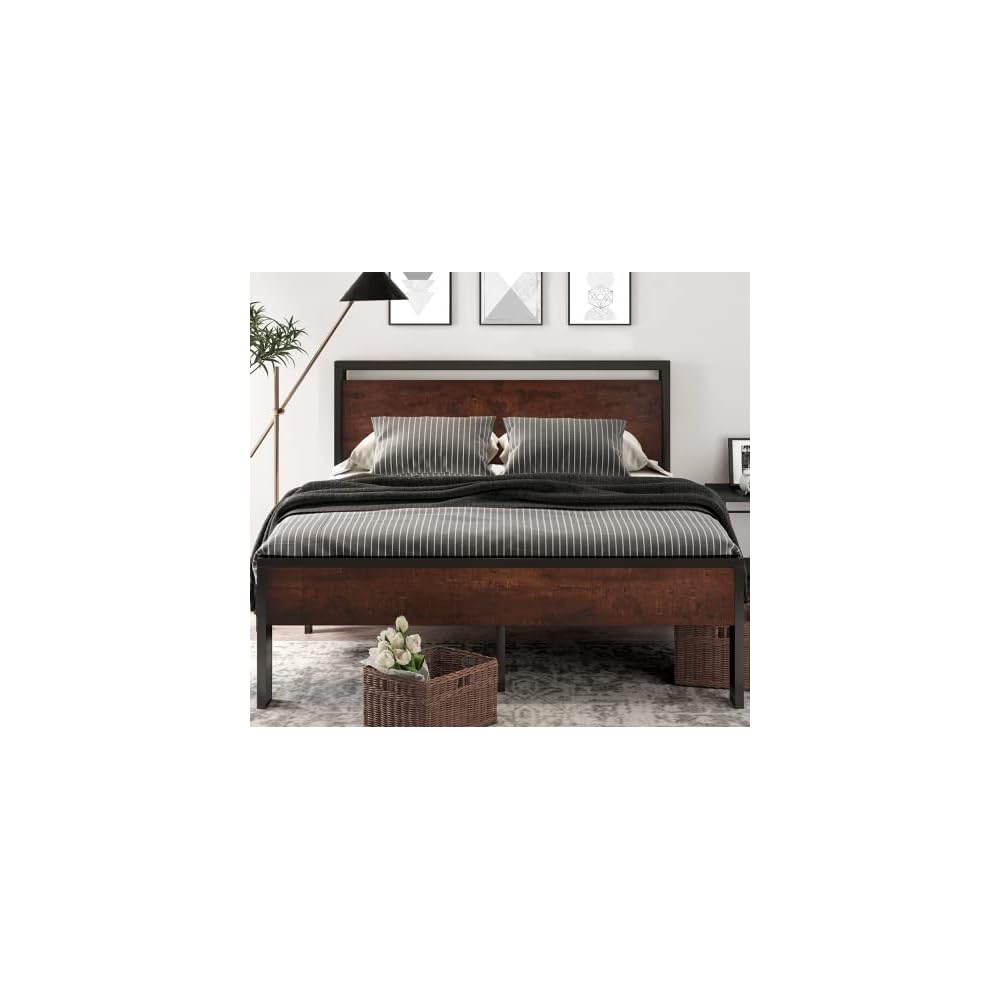 14 Inch Full Size Metal Platform Bed Frame with Wooden Headboard and Footboard, Mattress Foundation, No Box Spring Needed, Large Under Bed Storage, Non-Slip Without Noise, Mahogany