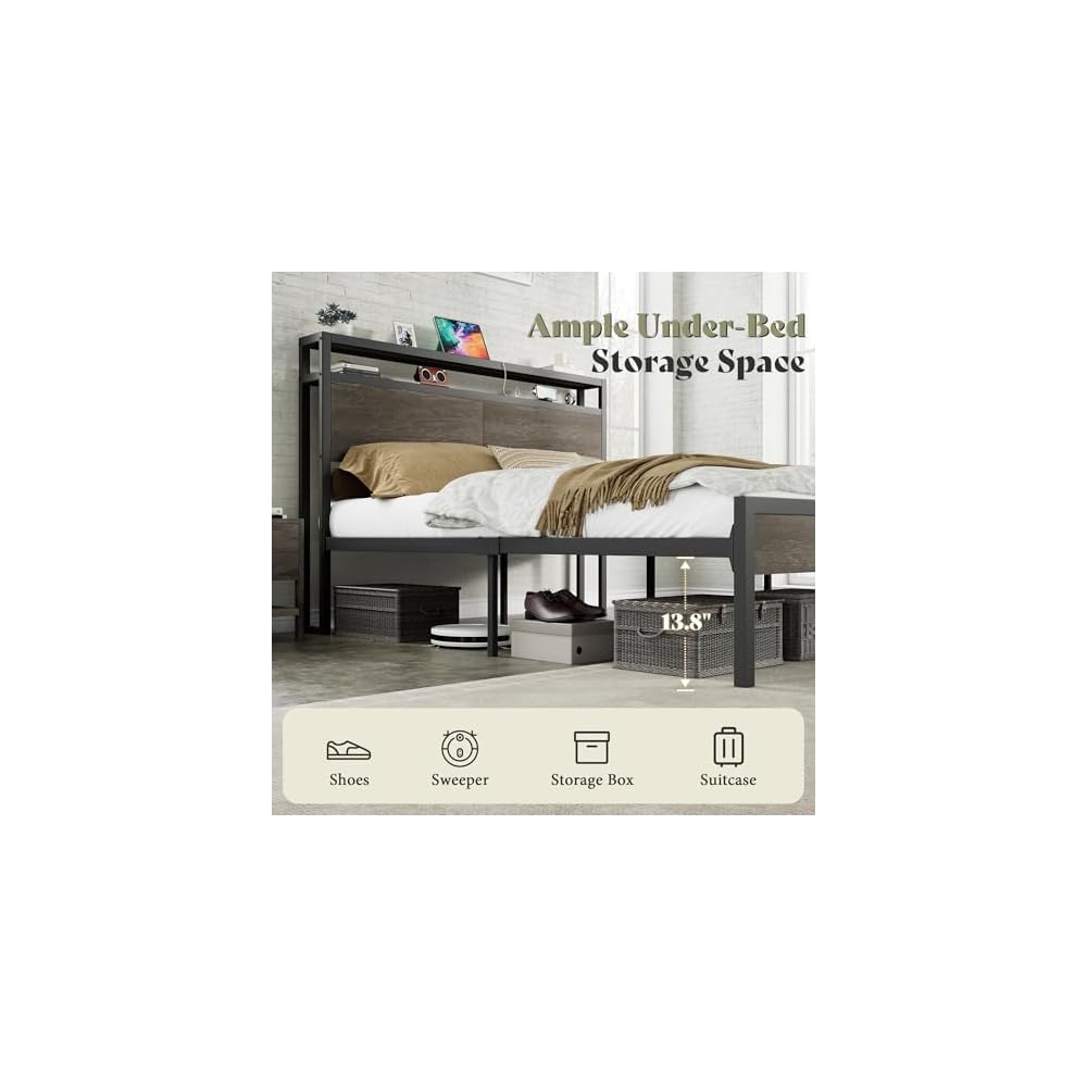 Full Size Metal Bed Frame with Charging Station