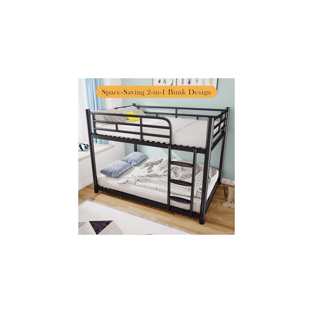 Metal Bunk Bed, Full Over Full Bunk Beds, Full Size Bunk Bed with Safety Guardrail and Ladder, Twin Bunk Beds, No Box Spring Needed, Noise Free for Apartment, Bedroom (Black)