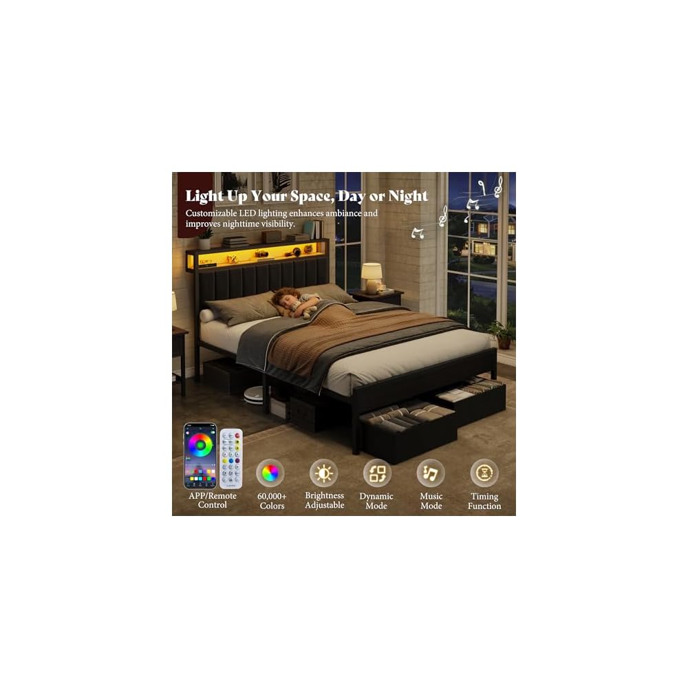 Full Bed Frame with LED Lights & 2-Tier Storage Headboard