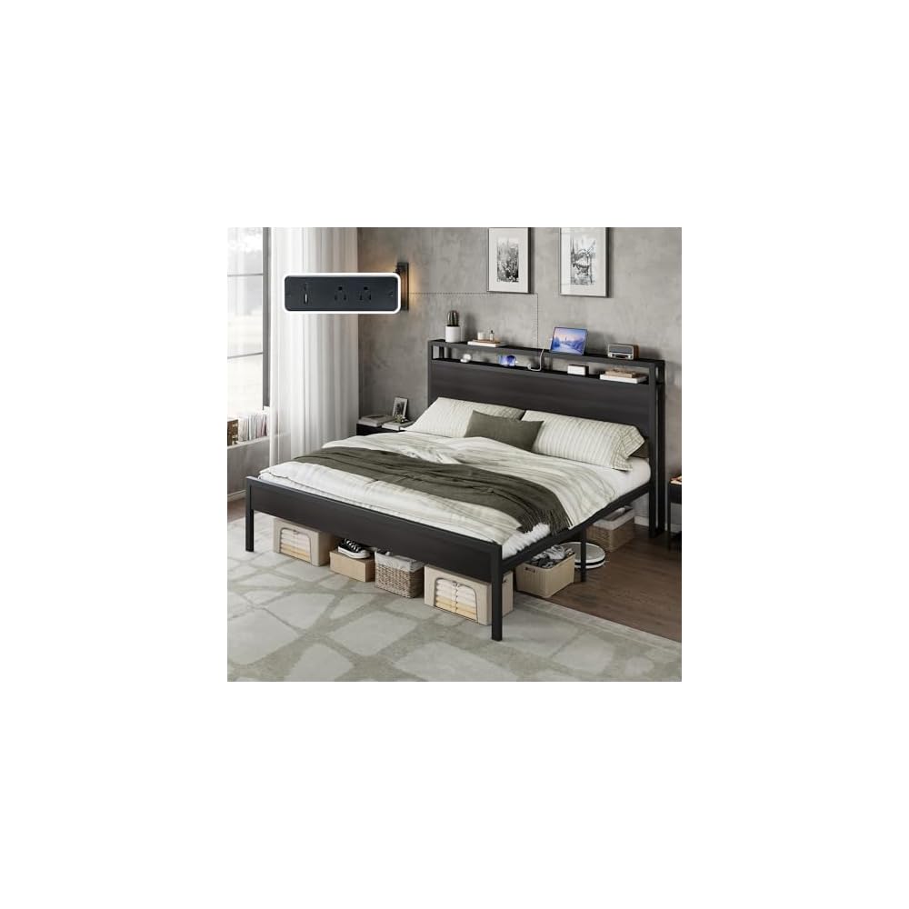 King Size Platform Bed Frame with Charging Station
