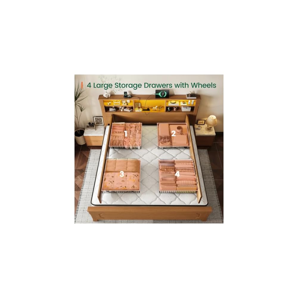 Queen Bed Frame with Headboard and Storage,4 Drawers,Brown