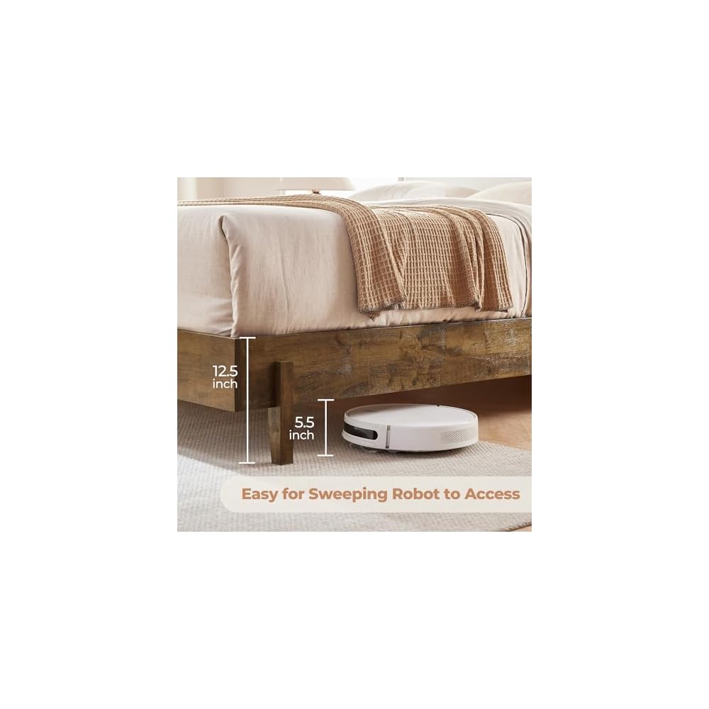 Queen Size Platform Bed, with Boucle Upholstered Headboard, Walnut