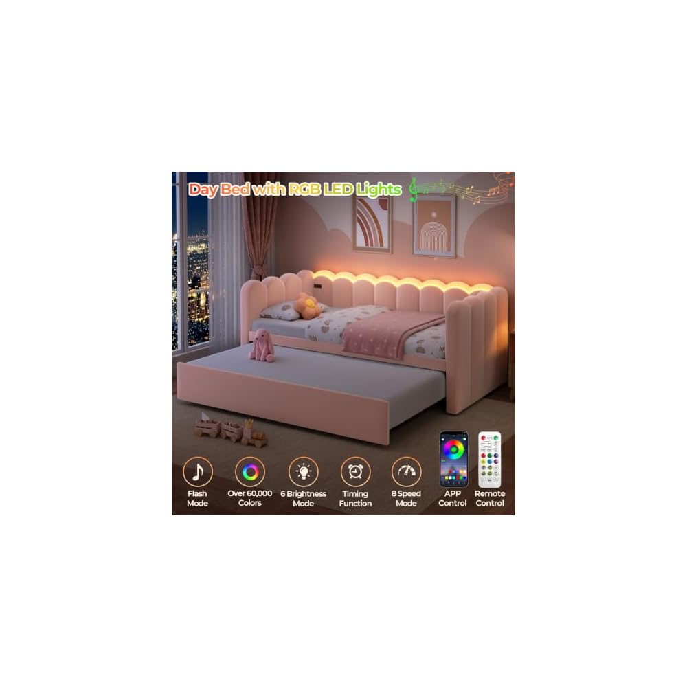 Twin Velvet Upholstered Daybed with Pop Up Trundle, Twin Size Sofa Day Bed with LED Light & USB Port, Waved-Shape & Vertical Stripes Design, for Living Room, Bedroom, Guest Room, Pink