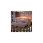 Twin Velvet Upholstered Daybed with Pop Up Trundle, Twin Size Sofa Day Bed with LED Light & USB Port, Waved-Shape & Vertical Stripes Design, for Living Room, Bedroom, Guest Room, Pink