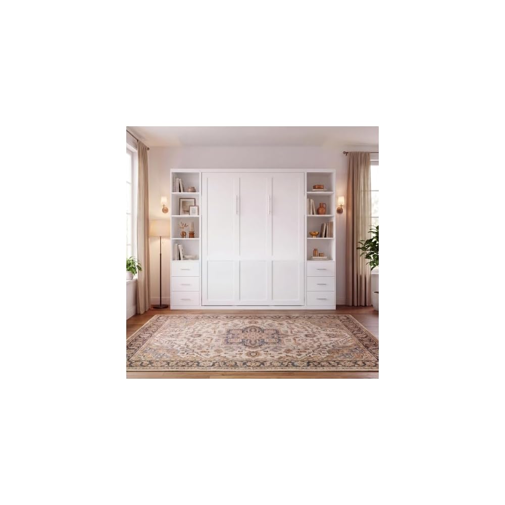 Queen Murphy Bed with 2 Bookcase, Space-Saving Wall Bed, White