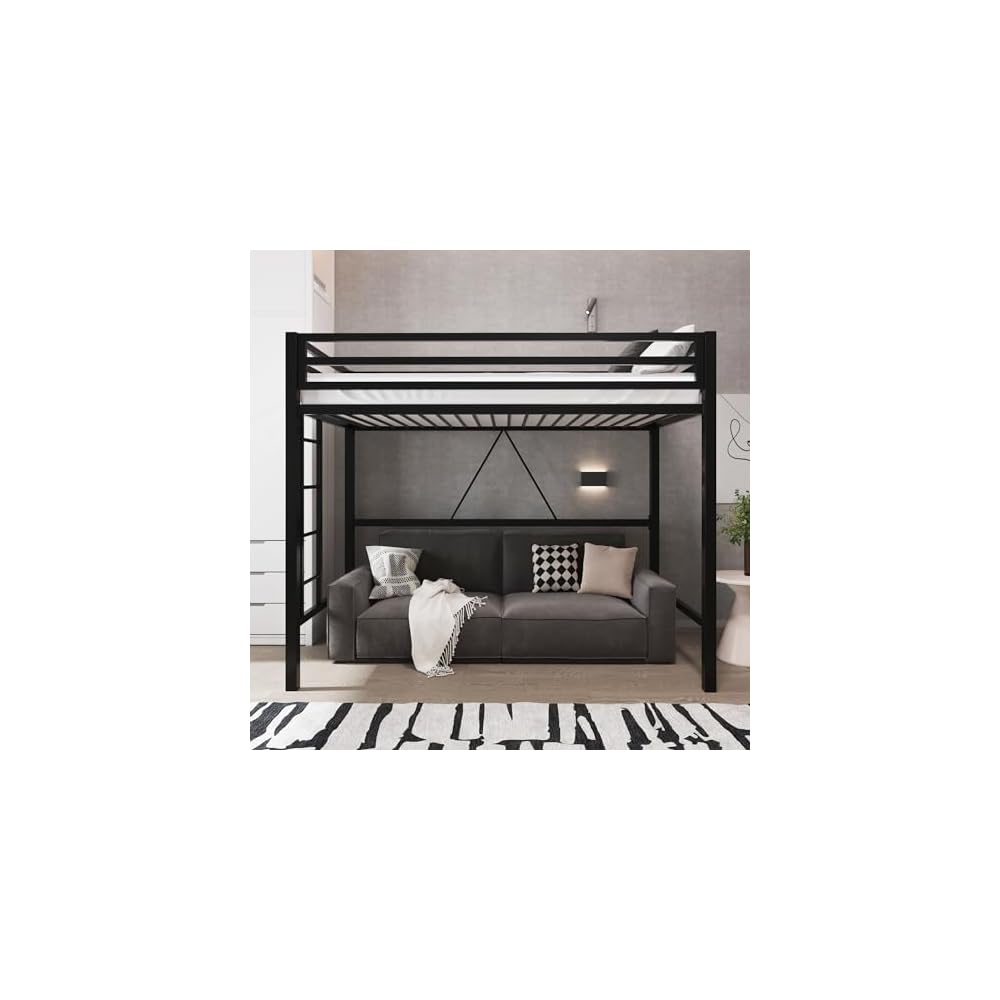 Metal Loft Bed Twin Size with Guardrail and Ladder,Black