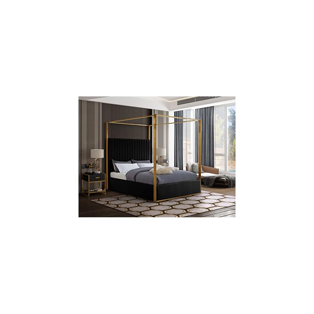 JonesBlack-Q Jones Collection Modern | Contemporary Upholstered Queen Bed, Black Velvet, Channel Tufting, Brushed Brass Frame, 66.5" W x 86.5" D x 79" H, Black, Queen