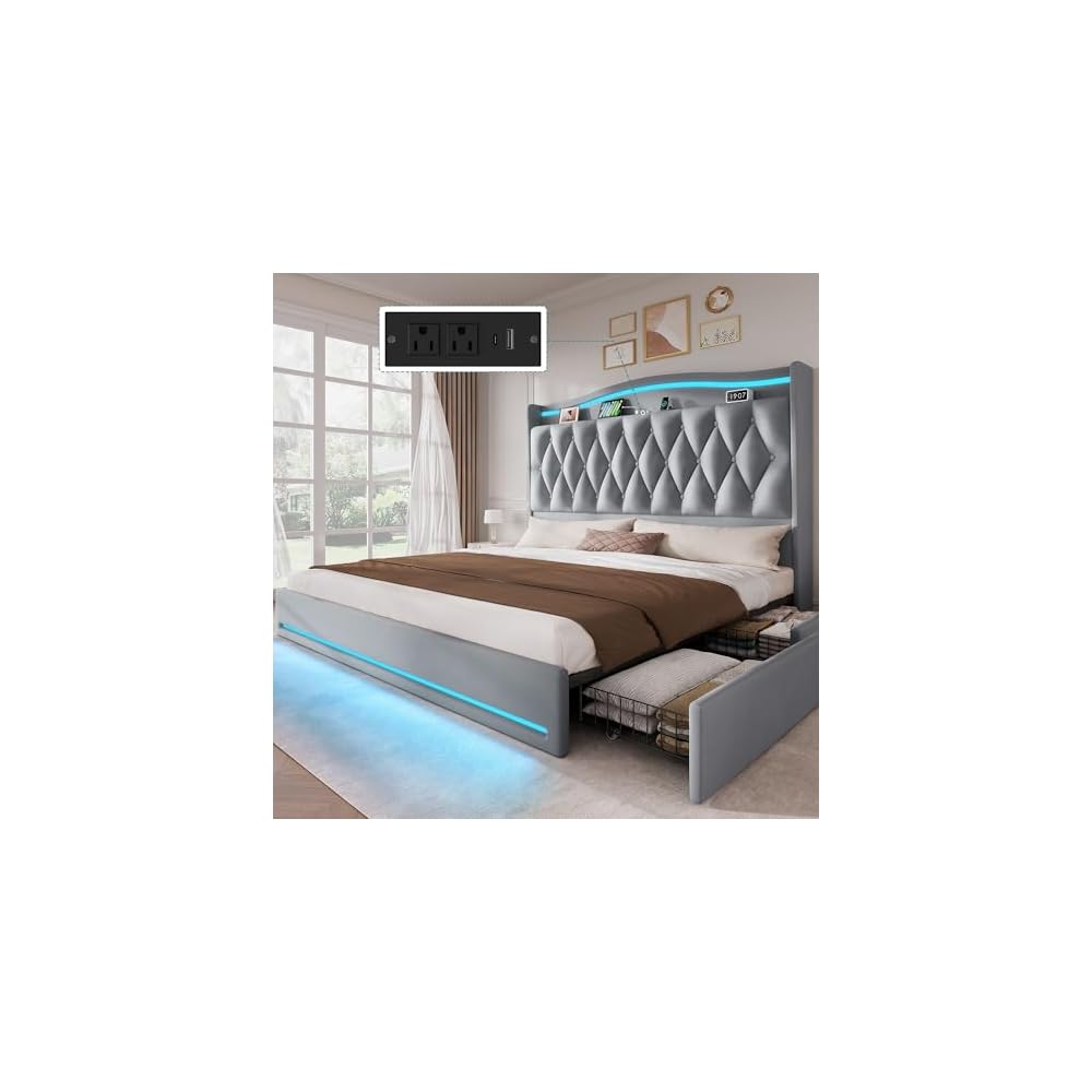 King Size Bed Frame with 4 Storage Drawers and RGB LED Lights