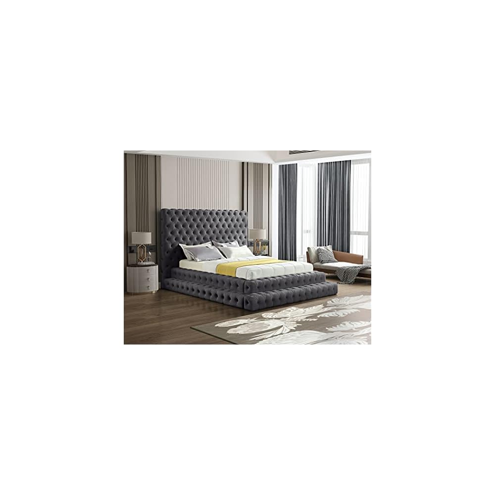 RevelGrey-Q Revel Collection Modern | Contemporary Grey Velvet Upholstered Bed with Deep Button Tufting, 85" W x 98" D x 60" H, Grey, Queen