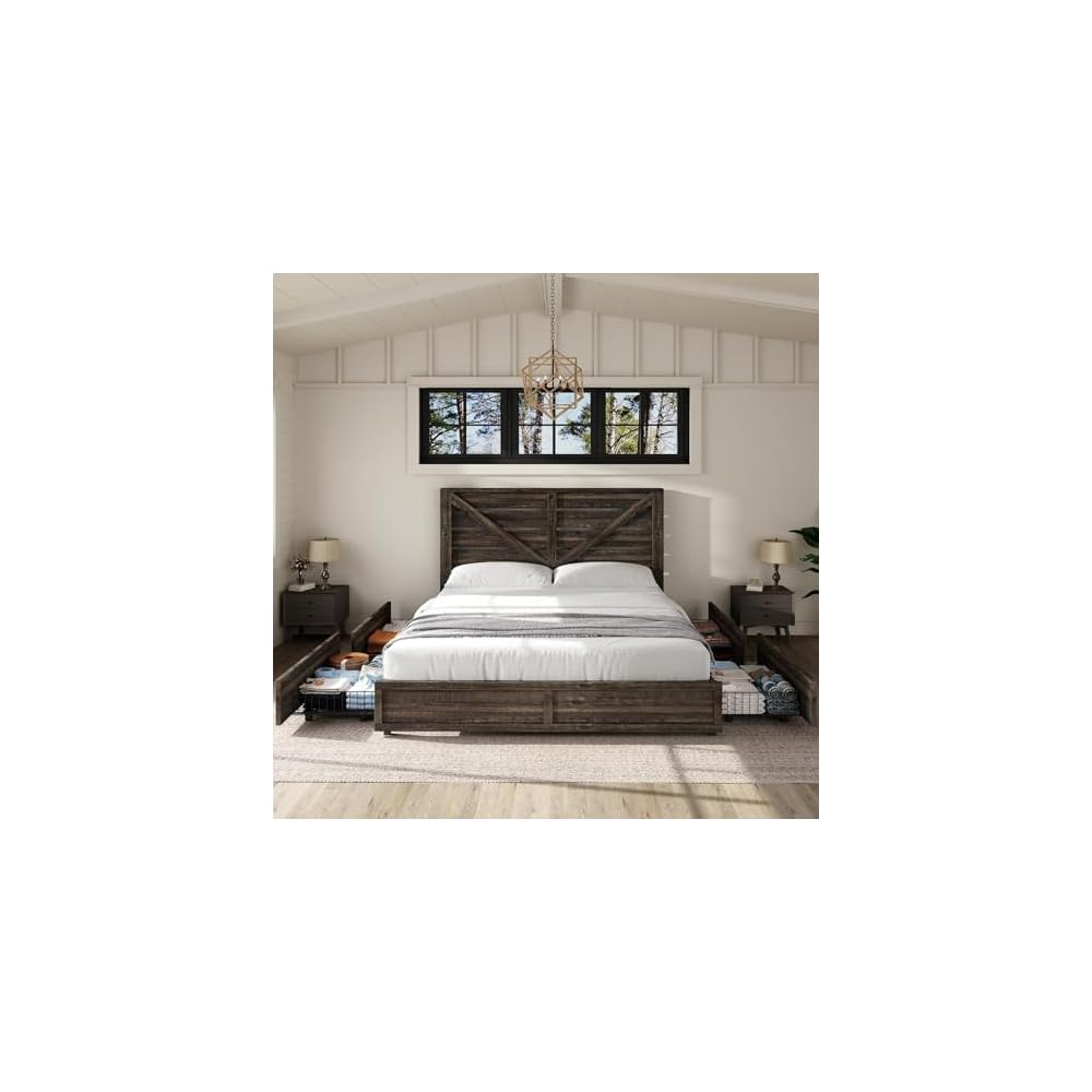 Full Size Farmhouse Bed Frame with 4 Drawers & Barn Door Headboard