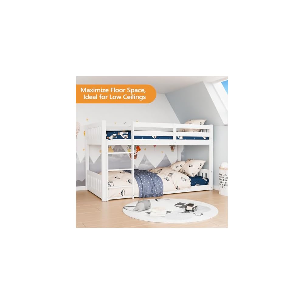 Solid Wood Low Twin Over Twin Bunk Bed for Kids/Junior, Bunk Bed Frame with Guardrails & Ladder for Boys Girls, No Box Spring Needed (White)