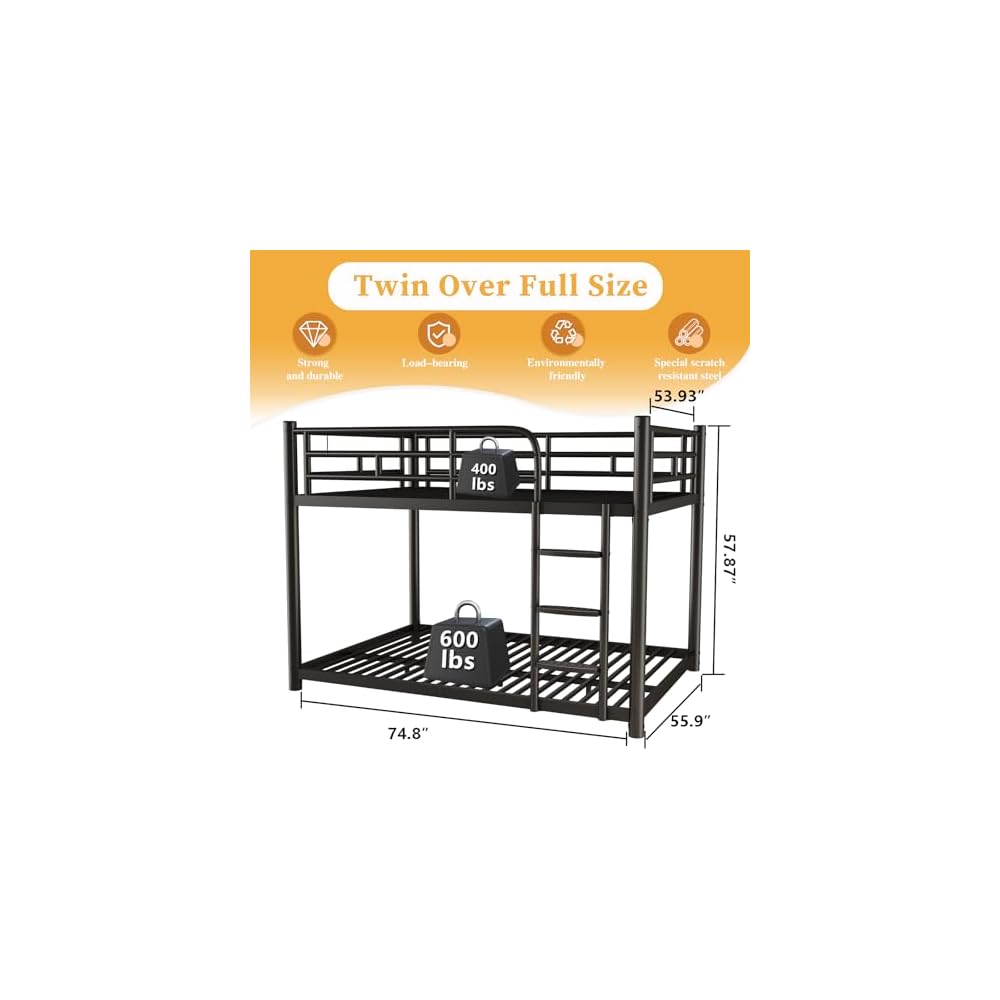 Metal Bunk Bed, Full Over Full Bunk Beds, Full Size Bunk Bed with Safety Guardrail and Ladder, Twin Bunk Beds, No Box Spring Needed, Noise Free for Apartment, Bedroom (Black)