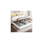Queen Velvet Lift Up Storage Bed Frame with Charging & LED, Beige