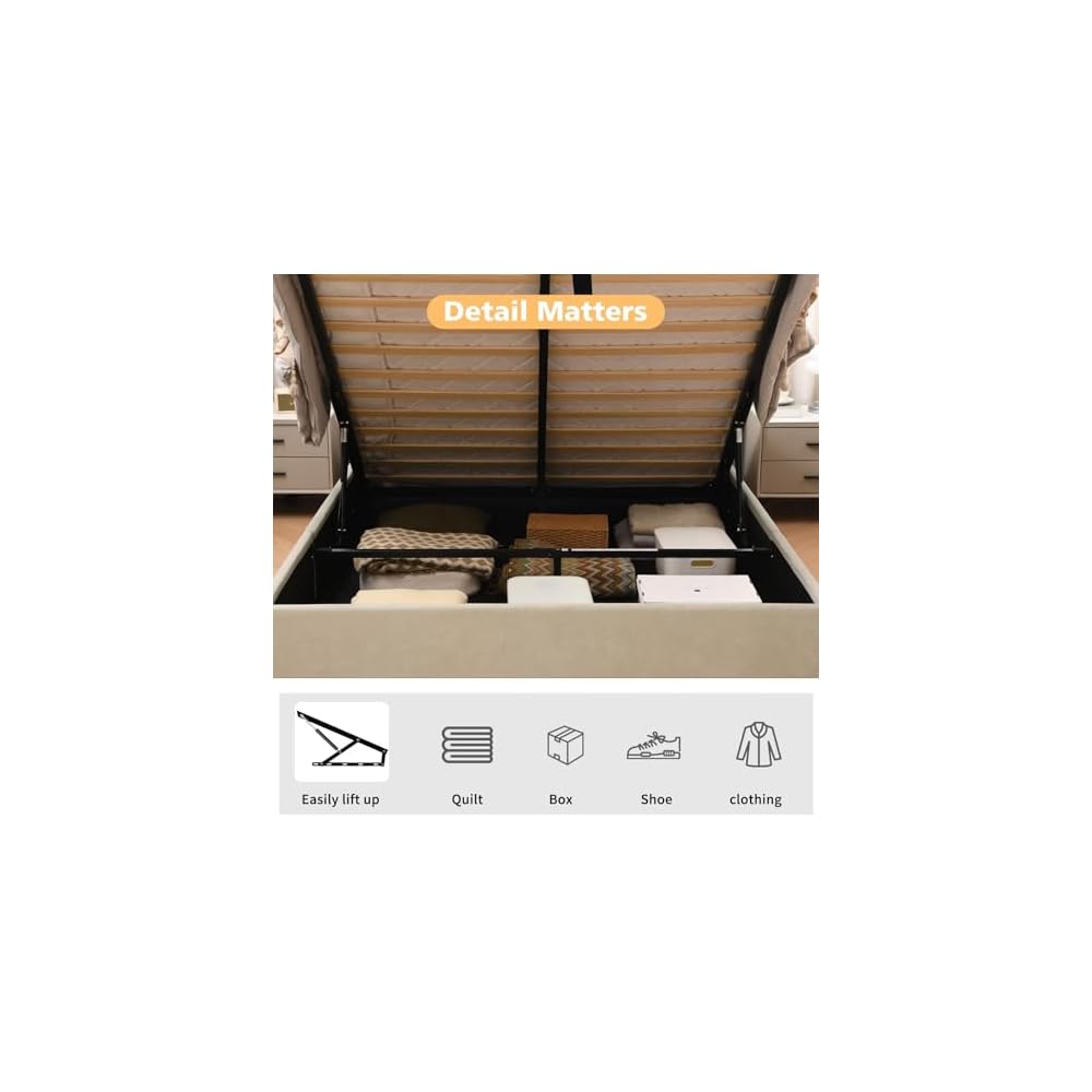 Queen Size Lift-Up Hydraulic Storage Bed, Beige Linen Upholstered Platform Bed with Vertical Channel Headboard, Wooden Slat Support, No Box Spring Needed, Easy Assembly