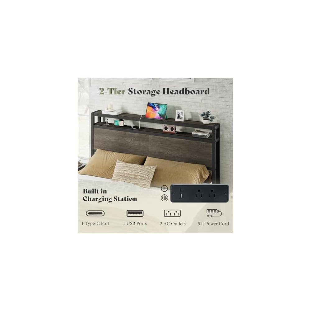 Full Size Metal Bed Frame with Charging Station