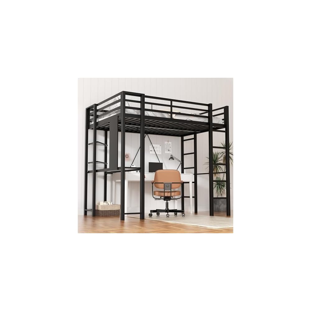 Twin Size Loft Bed with Desk, 13" Guardrails, Noise-Free, Black