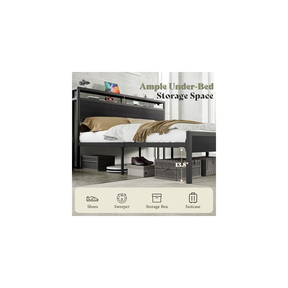 King Size Platform Bed Frame with Charging Station