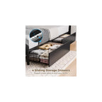 Bed Frame Twin Size with Charging Station and LED Lights, Upholstered Storage Headboard with 4 Drawers, Heavy Duty Metal Slats, Noise Free, Easy Assembly, No Box Spring Needed