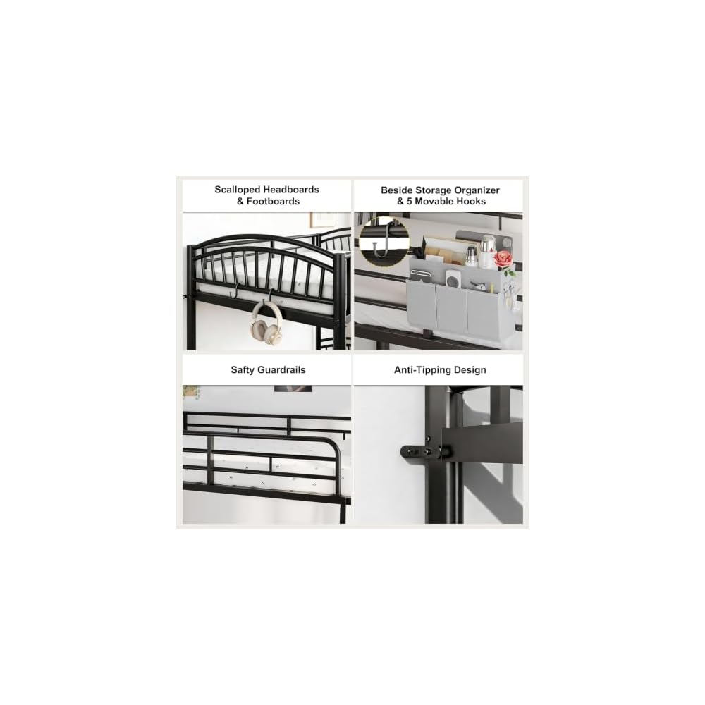 Bunk Bed Twin Over Twin Metal Bunkbeds with Bedside Caddy, Convertible Ladder&Flat Rungs Space Saving Loft Bed for Adult&Teen