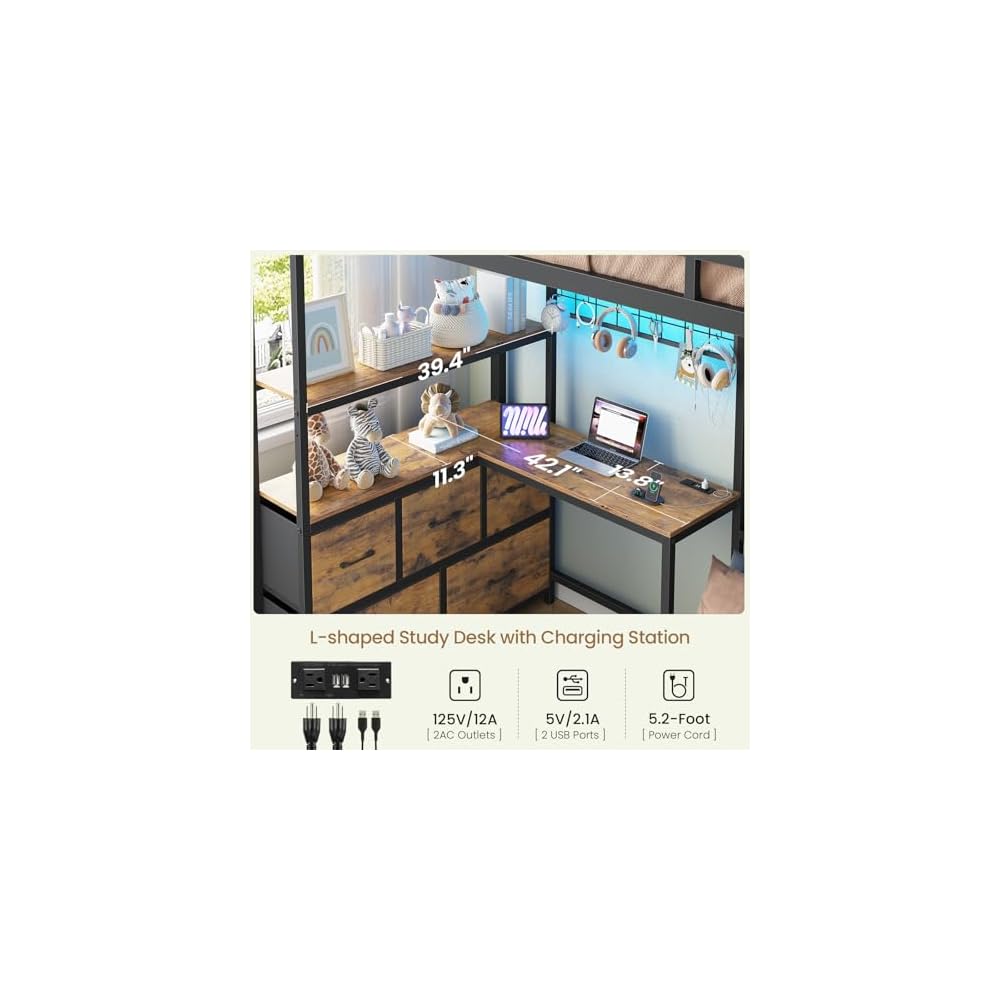 Bunk Bed Twin XL Over Twin with Desk,5 Storage Drawers and Charging Station