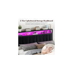 Full Bed Frame with LED Lights & 2-Tier Storage Headboard