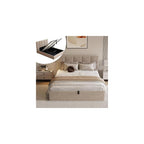 Queen Size Lift-Up Hydraulic Storage Bed, Beige Linen Upholstered Platform Bed with Vertical Channel Headboard, Wooden Slat Support, No Box Spring Needed, Easy Assembly
