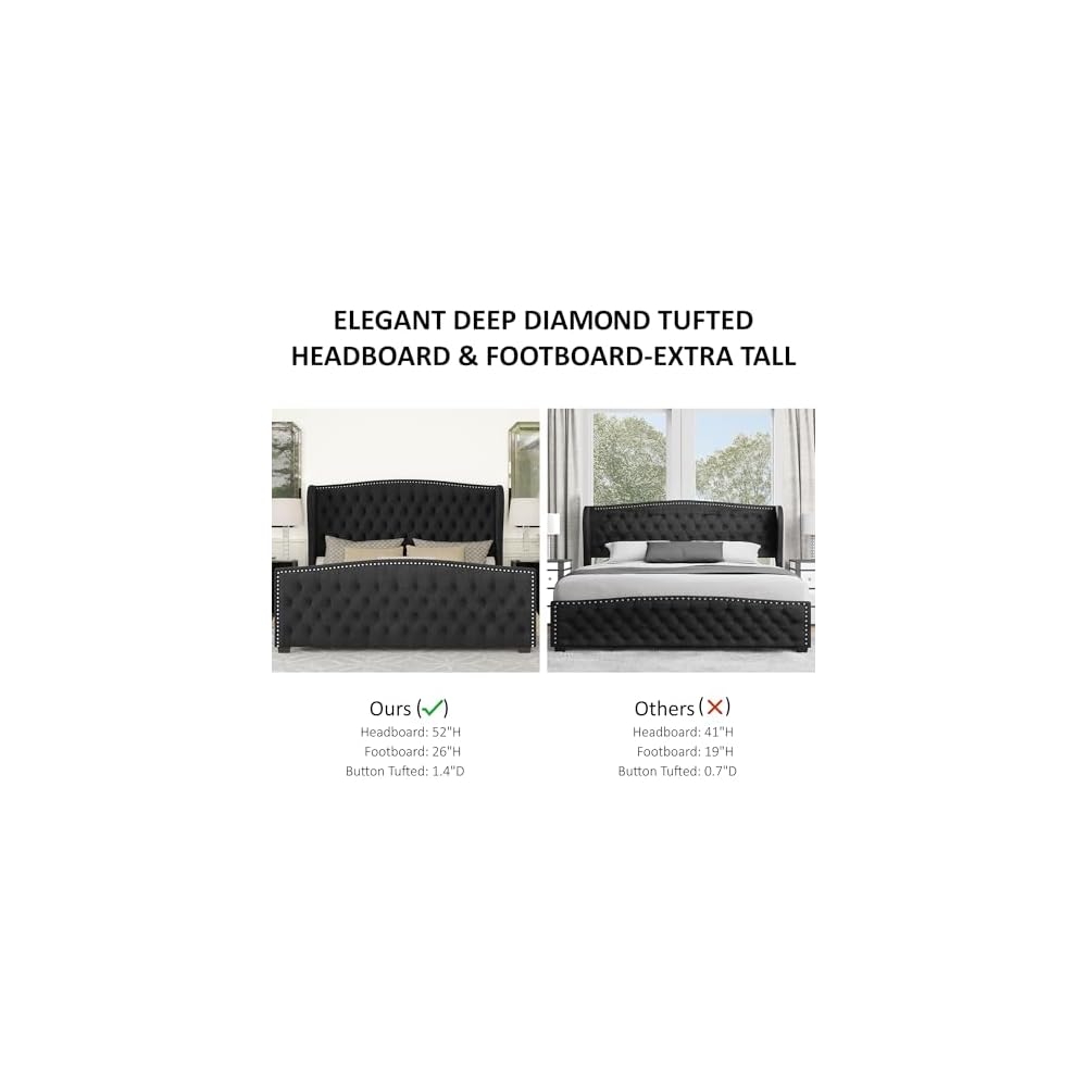 Queen Size Bed Frame with Velvet Upholstered Wingback Headboard