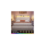 Queen Velvet Lift Up Storage Bed Frame with Charging & LED, Beige
