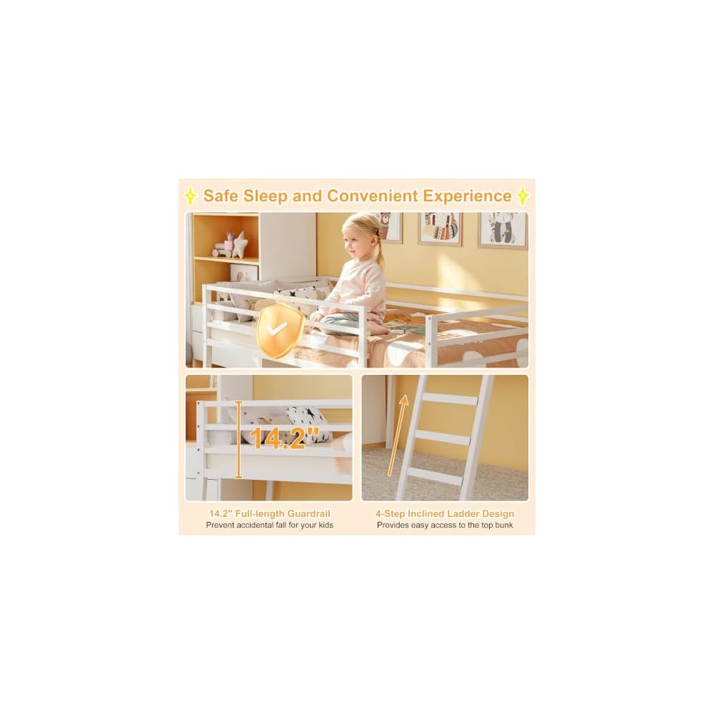 Loft Bed Twin Size with Stairs and Guard, White