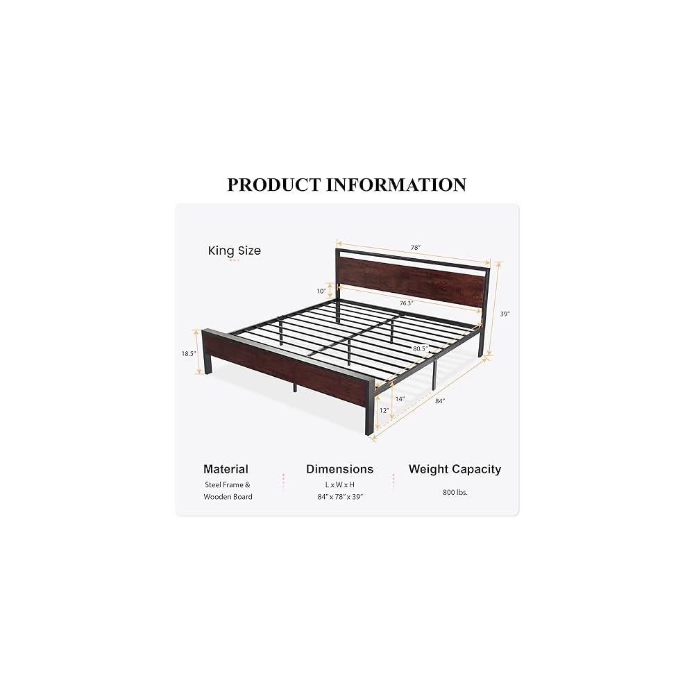14 Inch King Size Metal Platform Bed Frame with Wooden Headboard and Footboard, Mattress Foundation, No Box Spring Needed, Large Under Bed Storage, Mahogany
