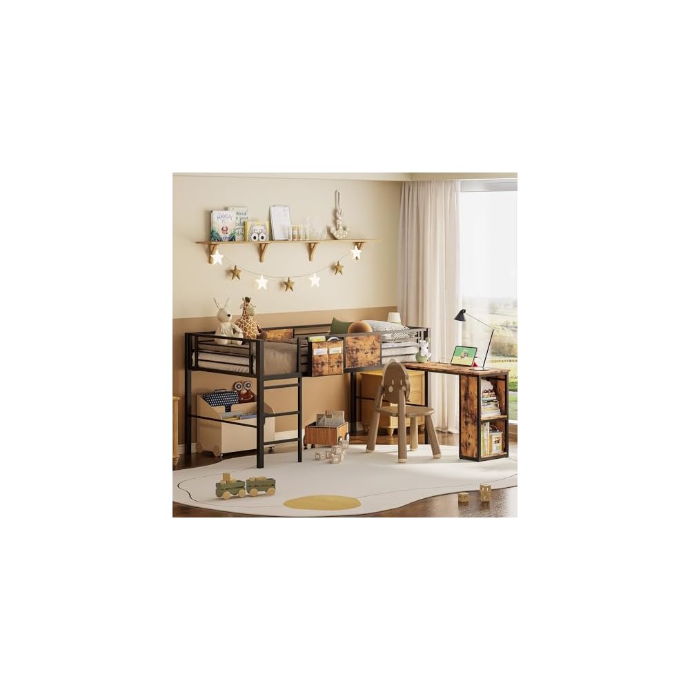 Low Loft Bed Twin Size with Desk & 25 Heavy-Duty Steel Slats
