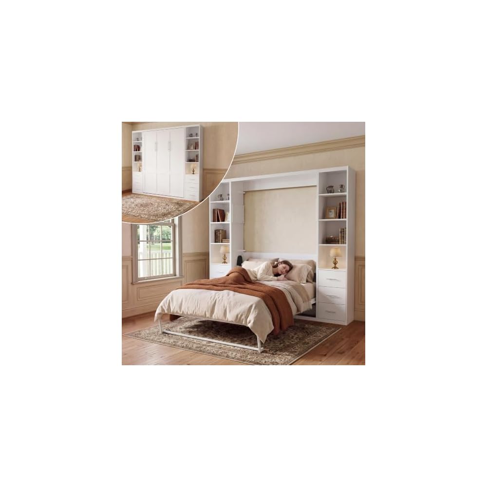 Queen Murphy Bed with 2 Bookcase, Space-Saving Wall Bed, White