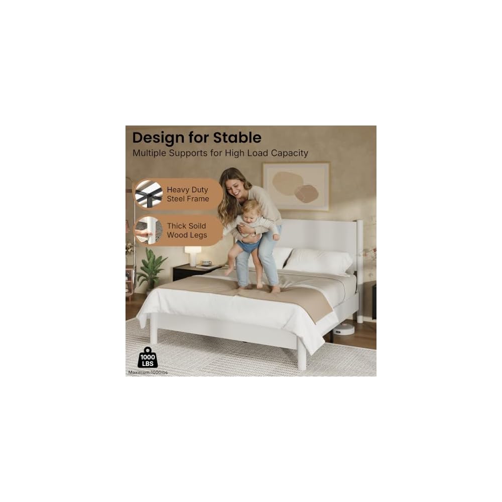 King Size Platform Bed Frame with Wood Headboard, White