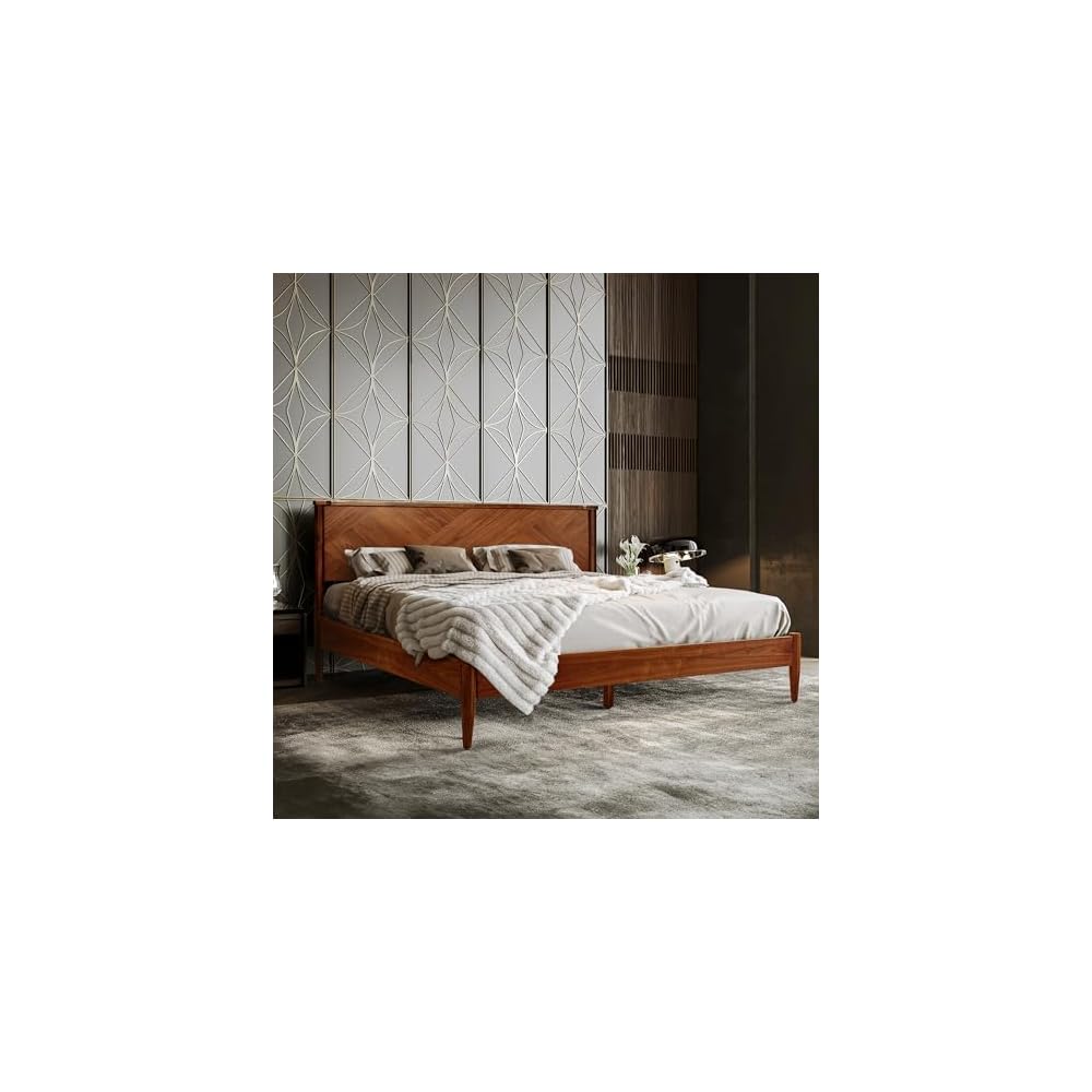 Panthera Bed Frame with Headboard Solid Wood Platform Bed, Artisan Signature High Headboard Wood Bed Non-Slip and Noise-Free Support All Mattresses, King Bed Frame, Walnut