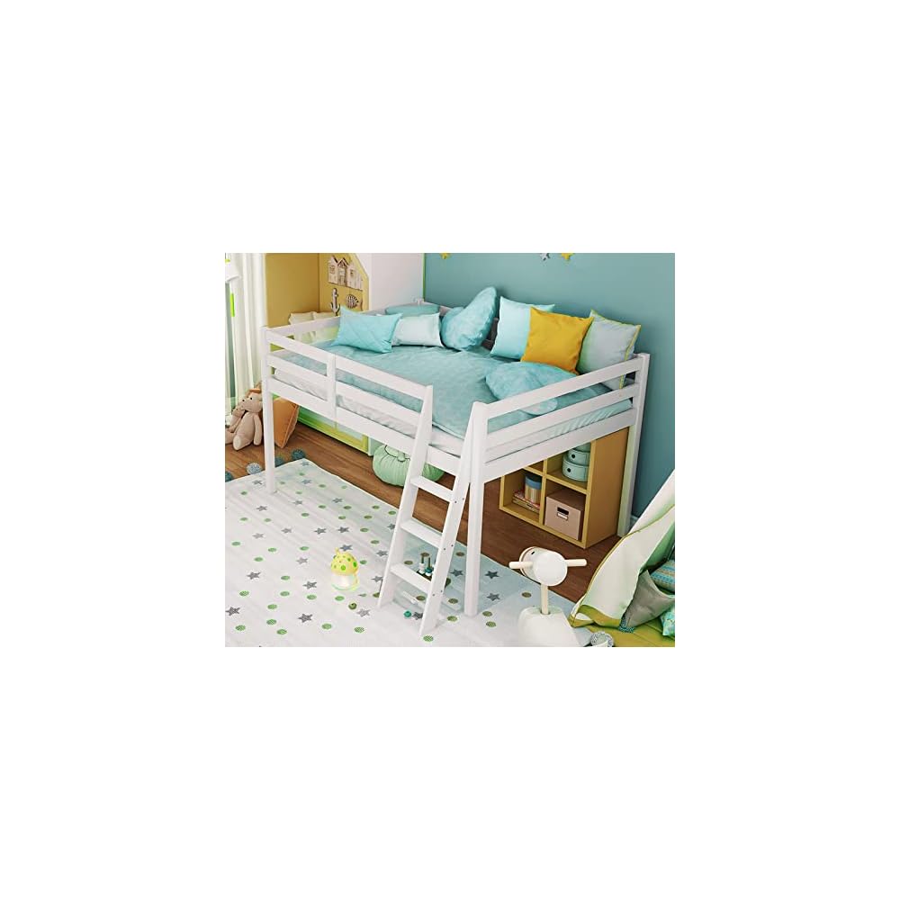 Junior Low Loft Bed with Stairs, White Wood Loft Bed Full Size for Adults, Kids and Young Teens, No Box Spring Required,Wood Slat Support