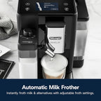 De'Longhi Rivelia Automatic Espresso Machine with Grinder &amp; Milk Frother – All-in-One Coffee Maker, Hot &amp; Iced Latte, Cappuccino, Bean Switch System, Burr Grinder, Compact Italian Design, Black