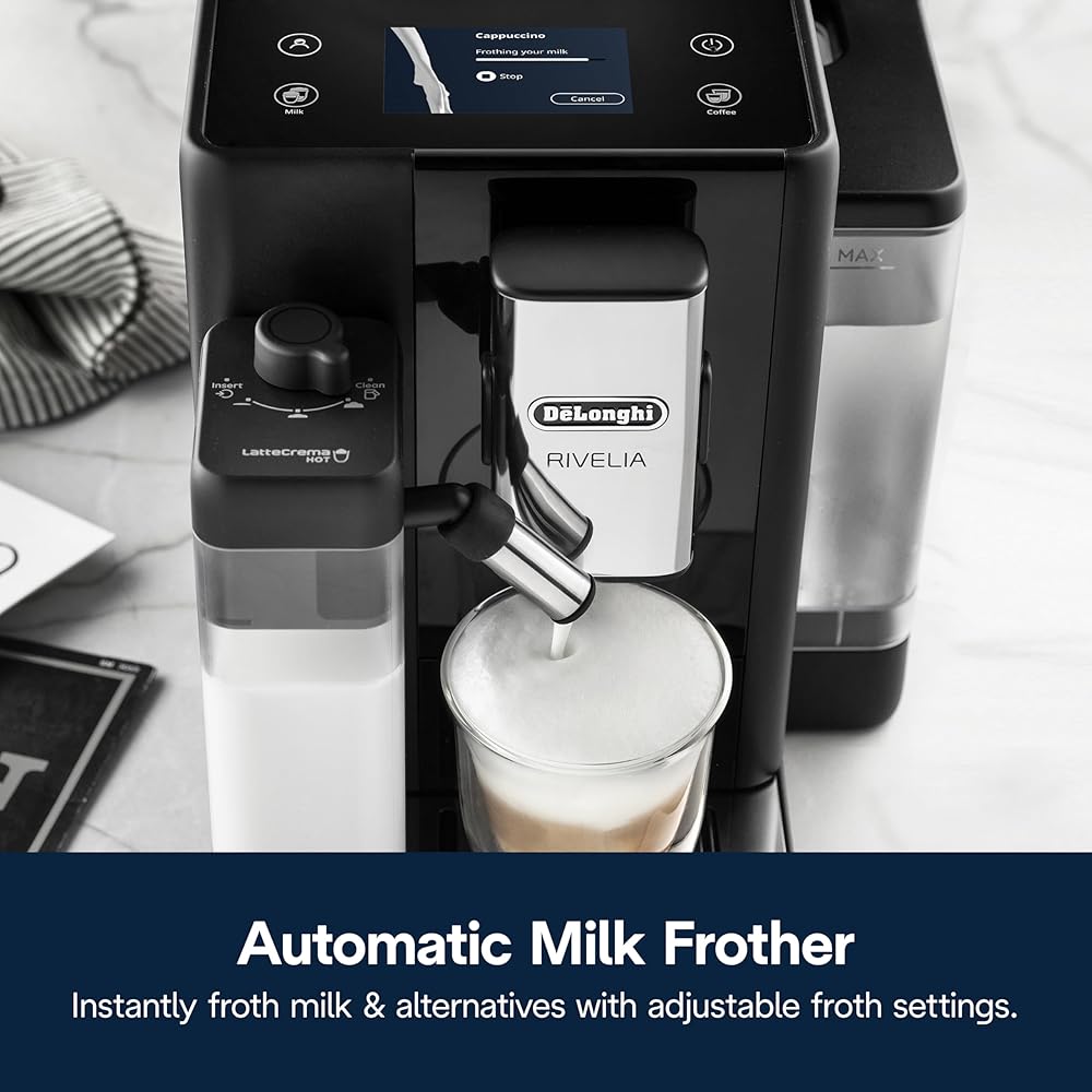 De'Longhi Rivelia Automatic Espresso Machine with Grinder &amp; Milk Frother – All-in-One Coffee Maker, Hot &amp; Iced Latte, Cappuccino, Bean Switch System, Burr Grinder, Compact Italian Design, Black