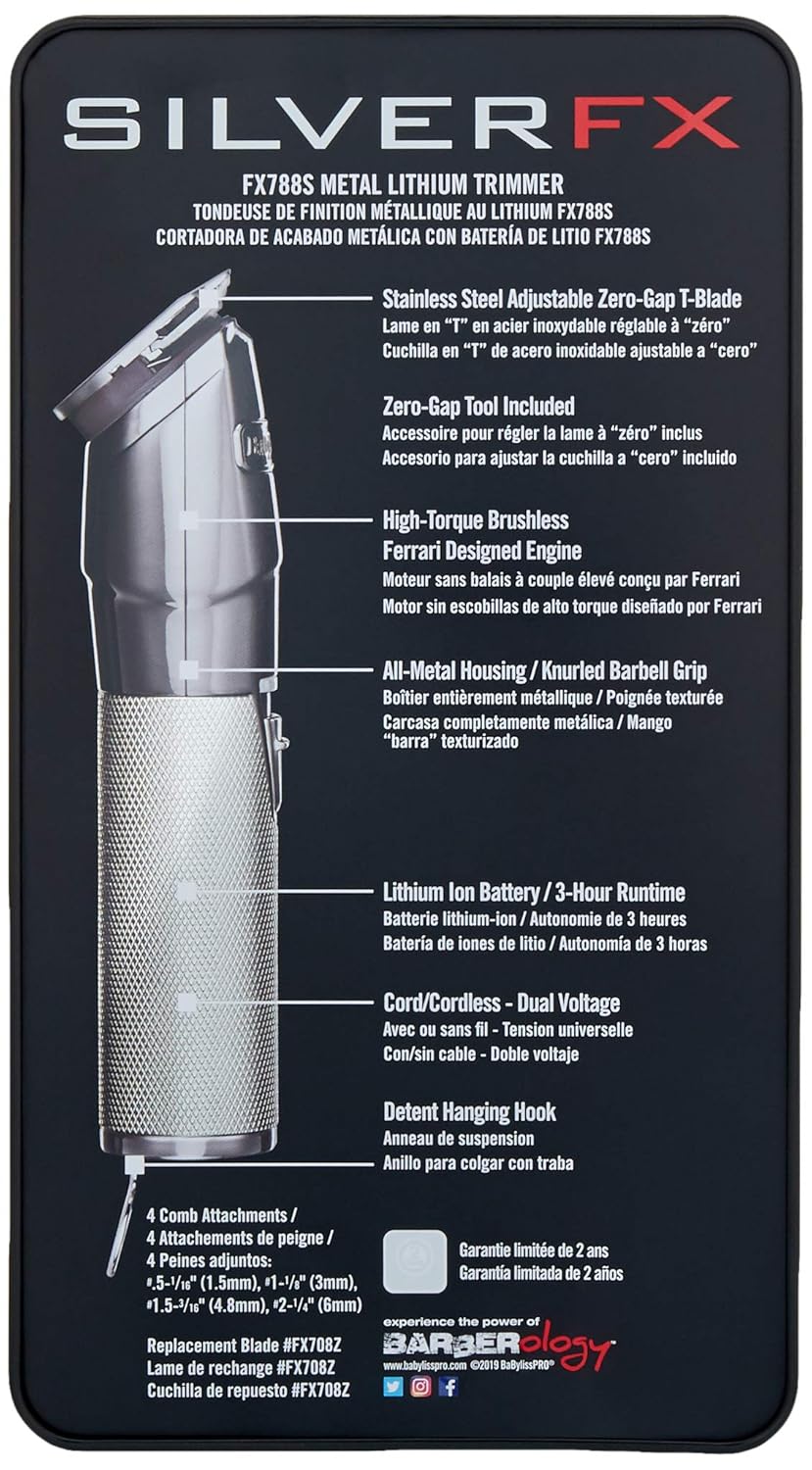 BaBylissPRO Barberology Hair Trimmer for Men FX788 SILVERFX Professional Lithium Trimmer