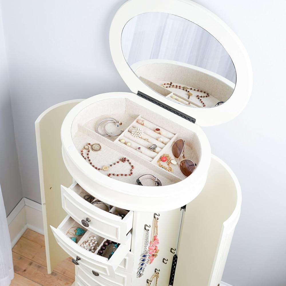 Hives and Honey Blair Oval Standing Jewelry Armoire, Organizer with Mirror Lid, Side Doors, 7 Drawers, Jewelry Box for Necklaces, Earrings, Bracelets, Ivory